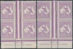 Roos SM Wmk: 9d violet John Ash Imprint blocks of 4 BW #28(3)z & CofA Wmk #29(3)z, the lower units of both blocks are unmounted, Cat $2100+ (mounted). (2 blocks)