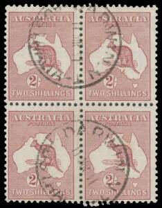 Roos SM Wmk: 1/- blue-green marginal block of 6 (2x3) from the top of the sheet & 2/- block of 4 with Darwin cds, Cat $400+ as singles. Rare multiples. (2 blocks)