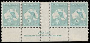 Roos SM Wmk: 1/- blue-green Ash Imprint ('N' over 'N') strip of 4 BW #34(3)z, exceptional centring which is quite extraordinary for an imprint piece, a few nibbled perfs, mounted in the margin & one unit with tiny gum disturbance otherwise unmounted, Cat 