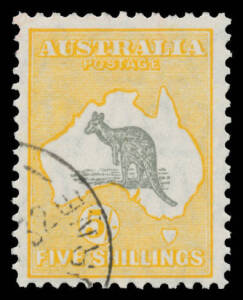 Roos SM Wmk: 5/- grey & orange-yellow with Weeping Roo BW #45(V)L, CTO with large-part o.g., Cat $400+.