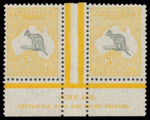 Roos SM Wmk: 5/- grey & yellow-orange Ash Imprint pair with Tsunami off NSW Coast on the right-hand unit BW #45Aza, unmounted, Cat $2900 (mounted).