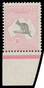 Roos SM Wmk: 10/- grey & pink marginal example from the base of the sheet, unmounted, Cat $3000.