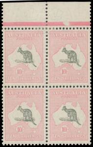 Roos SM Wmk: 10/- grey & pale pink BW #49A marginal block of 4 from the top of the sheet, the upper units with a hinge remainder, the lower units are unmounted, Cat $8200+.