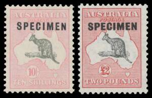 Roos SM Wmk: 10/- & Â£2 with 'SPECIMEN' Overprint, the first with with Hooked 'C' BW #49xb & #57x, Cat $2650.