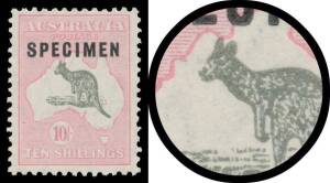 Roos SM Wmk: 10/- grey & deep pink with Type C 'SPECIMEN' Overprint & Muzzled Roo BW #49x(V)r, Cat $475+.