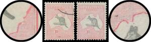 Roos CofA Wmk: 10/- grey & pink Duty Plate varieties Broken Coast of NSW BW #50(D)j & Broken South Coast of Bonaparte Gulf (NE of WA) #50(D)L, cds cancels well clear of the varieties, Cat $1100.