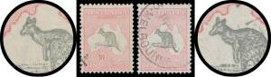 Roos CofA Wmk: 10/- grey & pink Vignette Plate varieties Weeping Roo BW #50(V)L & Muzzled Roo #50(V)r, cds cancels well clear of the varieties, Cat $1100.