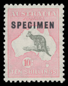 Roos CofA Wmk: 10/- grey & pink with Type C 'SPECIMEN' Overprint BW #50x, well centred, unmounted, Cat $1750.