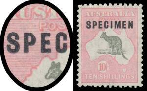 Roos CofA Wmk: 10/- grey & pink with Type C 'SPECIMEN' Overprint with Shaved 'P' BW #50xd, well centred, a couple of short perfs, unmounted, Cat $2000 mounted but unpriced unmounted.