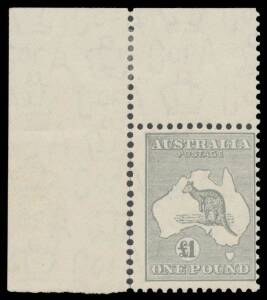 Roos CofA Wmk: Â£1 grey upper-left corner example, perf separation with reinforcing in the top margin only, unmounted, Cat $2500.