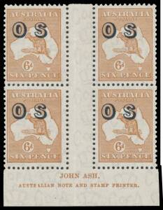 Roos CofA Wmk: OVERPRINTED 'OS': 6d brown John Ash Imprint ('N' over 'A') block of 4 BW #12(OS)4z, well centred, unmounted, Cat $750+ mounted.