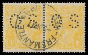 KGV Heads: Used accumulation noted 1d red x80+ with some annotated shades, 4d orange x130+ with yellow & lemon shades and many 'OS' punctures including pairs & a block of 4, 5d brown x30 including Single Wmk single-line perf 'OS' x11, mixed condition but 