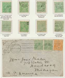 KGV Heads: HALFPENNY: specialist study of green & orange printings mostly used with shades, inverted watermarks, ACSC-listed varieties including 'Retouched Shading in Oval' #63(7)e on 1921 cover to USA, 'Thin Fraction' #65(5) mint, 'Head Flaw' #66(6)d min