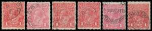 KGV Heads: ONE PENNY: specialist study of red, violet & green printings mostly used with red shades including G24Â½, 28Â½, 29, 62Â½, 70Â½ (small repaired tear) & 77 all with 'Scott Starling' certificates, Die I/II pair & Die III watermark inverted, ACSC-l