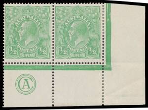 KGV Single Wmk: Â½d green Electro 2 'CA' Monogram lower-right corner pair BW #63(2)zb, a little aged, a few rejoined perfs, Cat $750.