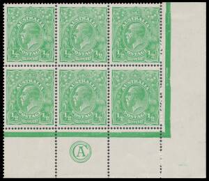 KGV Single Wmk: Â½d green Electro 2 'CA' Monogram lower-right corner block of 6 BW #63(2)zb, one upper unit very lightly mounted otherwise unmounted, Cat $750++ for a mounted corner pair only. Superb!