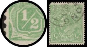 KGV Single Wmk: Â½d green with Cracked Electro at Lower-Left Corner BW #63(3)h, rounded corner at upper-left, Geelong (Vic) cds clear of the variety, Cat $2000.