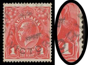 KGV Single Wmk: Smooth Paper 1d red with Colour Flaw outside Frame by Emu's Neck & Additional Rust Flaw to Right of Top of '1' at Right BW #71(2)na, exceptional centring, 'CLIFTON HILL/3AP--/VICTORIA' cds just impinges on the secondary flaw, Cat $2750. Ra