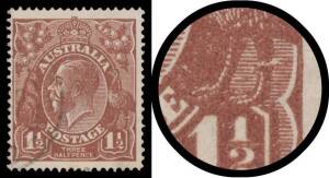 KGV Single Wmk: 1Â½d red-brown with unlocated Cracked Electro (Ugg Boot on Emu's Leg) BW#85(U)m, well centred, lightly cancelled well clear of the variety, Cat $1000.