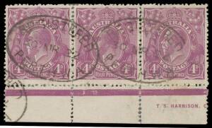 KGV Single Wmk: 4d violet Plate 1 strip of 3 with part 'T.S. HARRISON C...]' One-Line imprint BW #111(1)z, the first unit with Splintered Lower-Left Corner #111(1)k, well centred, characteristic irregular perfs, oval 'REGISTERED/PERTH WA' d/s. Rare.