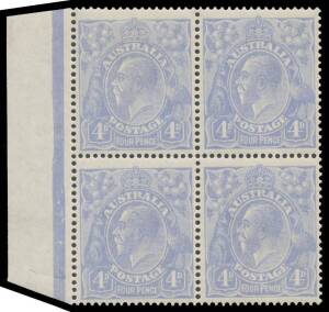 KGV Single Wmk: 4d pale ultramarine marginal block of 4 from the left of the sheet, three units with small varieties, one unit lightly mounted otherwise unmounted, Cat $525++.