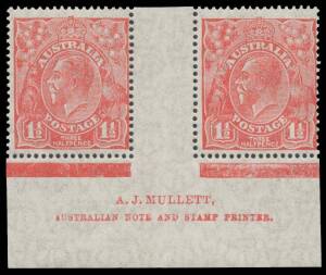 KGV SM Wmk p14: 1Â½d scarlet Plate 1a with the Watermark Inverted and AJ Mullett Imprint pair BW #91(1a)za, very lightly mounted. Believed to be the only recorded Plate 1a Imprint piece also with the Watermark Inverted, and not listed in the ACSC as such.