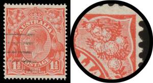 KGV SM Wmk p14: 1Â½d scarlet Electro 4 with Type B Re-Entry (Duplication of Shading above the Right-Hand Wattles) BW #91(4)ha, very well centred, machine cancellation well clear of the variety, Cat $1000.