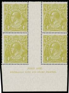 KGV SM Wmk p14: 4d greenish olive Plate 4 John Ash Imprint block of 4 with Diagonal White Line on King's Neck (Early State) BW #115(4)z, unmounted, Cat $1200+ (mounted).