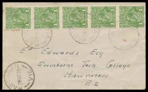 KGV CofA Wmk: 1d green vertical strip of 5 with Dents in Bottom Frame BW #82(1)d-de tied to philatelic cover by 'HAWTHORN/ 28NO34/VIC' cds, the first unit with toned perfs, Cat $500 for a mint strip of 6; unpriced used or on cover.