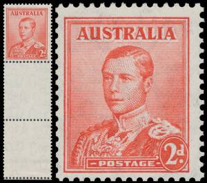 KEVIII: 1936 Unissued 2d scarlet BW #174E(2) marginal example from the base of the sheet unusually with the comb perforations extended into the margin & thus presenting as two entirely void "stamps" at the base, hinged at the base of the margin only othe