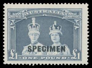 Pre-Decimals: 'SPECIMEN' Overprints comprising Robes 10/- x8 (shades) & Â£1 (very lightly mounted, RPSofV Certificate), and Arms x4 sets, minor varieties in the overprint position, mostly unmounted. Ex Neil Russell. (21)