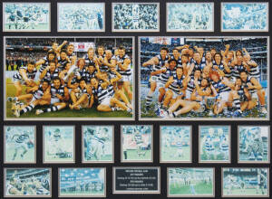 GEELONG: Display celebrating Geelong's 2007 & 2009 Premierships, limited edition 3/200, window mounted, framed & glazed, overall 101x84cm. Some fading.