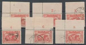 Pre-Decimals: 1929-35 Plate Number singles comprising Swan '5' U/R, Kingsford Smith 2d '1', '2', '3' (no side-margin), '4' (no side-margin), '6' & '8', Anzac 2d '1' U/R, Jubilee 2d '2' U/R, '3' L/L, '5' L/L & '6' L/R; and SA Centenary 2d '2' L/L & '4' L