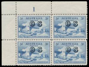 Pre-Decimals: 1932 Harbour Bridge 3d set of 4 Plate # blocks & the same with 'OS' overprint, a few minor blemishes, unmounted (or hinged in margin only), Cat $1300. (8)