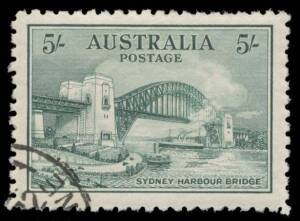 Pre-Decimals: 1932 Sydney Harbour Bridge 5/- green CTO with light corner cancels & full gum, above-average centring. (3)