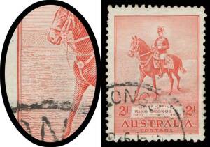 Pre-Decimals: 1935 Silver Jubilee 2d carmine with Recut Ground to Left of Horse BW #166(2)d, a couple of short perfs at upper-left, 'WOLLONGONG/6JE35/NSW' cds largely clear of the variety, Cat $800. Rare. [Arthur Gray stated that only six examples have be