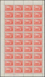 Pre-Decimals: 1937 New South Wales Sesquicentenary 2d scarlet complete left-hand pane of 40 (4x10) with complete Plate Number '1' at upper-left BW #175z & John Ash Imprint at lower-left, unmounted, Cat $600++ (mounted).