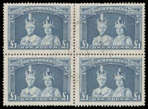 Pre-Decimals: 1938-49 Robes Thick Paper blocks of 4 comprising 5/-, 10/- with imprint & Â£1, plus Thin Paper 5/- on Tinted Paper, all with cds cancels, couple of minor blemishes but generally fine. (4 blocks)