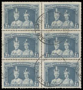 Pre-Decimals: 1938-49 Robes Thin Paper Â£1 dull blue block of 6 (2x3), well centred, a couple of short perfs, 'AIR MAIL SECTION/MELBOURNE VIC' cds. A rare commercially used multiple.