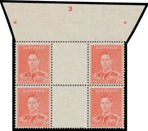 Pre-Decimals: 1937-49 Definitives Perf 15x14 2d red Die II gutter block of 4 from the top of the sheet with complete Plate Number '3' BW #188zb, unmounted, Cat $2500+ (mounted).