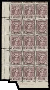 Pre-Decimals: 1942-50 Definitives 1d brown-purple block of 30 (3x10) from the left of the sheet with two additional strikes of the comb perforator in the left-hand margin resulting in the 10 units at left all with Double Perforations on Three Sides BW #22