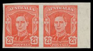 Pre-Decimals: 1942-50 Definitives 2Â½d scarlet Imperforate Pair BW #230b from the right of the sheet, margins good to large, Cat $375. Very scarce.