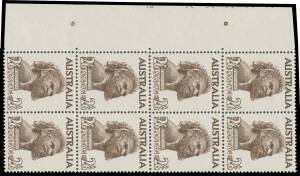 Pre-Decimals: 1952-65 Aborigine 2/6d marginal block of 8 (2x4) from the left of the sheet with large-part Plate Number 'XXXXX 2 ' BW #266z, two units very lightly mounted otherwise unmounted, Cat $3000 (mounted). [The ACSC states "several examples are rec