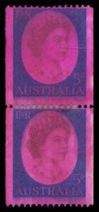 Pre-Decimals: COIL STAMPS: 1964 QEII photogravure essay Perf 14Â¾xImperf 5d brown & deep blue BW #398E(1) vertical pair with the perfs reinforced, officially defaced with magenta die. Rare unissued essay & an important item for the collector of QEII issue