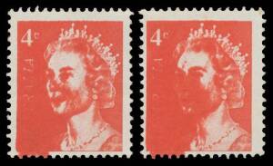 Decimals: 1966-71 QEII 4c scarlet three singles with Major Ink Blotches resulting in '4c' Obliterated, Bearded Queen (these were probably a vertical pair) & Masked Bandit Queen; also 18c Flower vertical strip of 5 with two units Black Printing Partly Omit