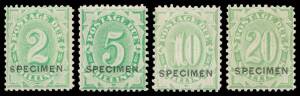 Postage Dues: 1902-04 Filled Tablet Â½d to 20/- complete with sans serif 'SPECIMEN' Overprint, very lightly mounted (several may be unmounted), Cat $2100 (Â£1100). An exceptional set. Advertised retail "POR". [Far superior to the "Shades of Green" set - a