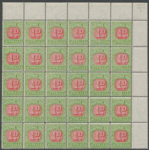 Postage Dues: 1922-30 Third Watermark 1d carmine & yellow-green BW #D106 complete right-hand pane of 60 (6x10) divided into two blocks of 30, plus lower-half of the left-hand pane, with listed varieties, most units are unmounted, Cat $1800++. (3 blocks)