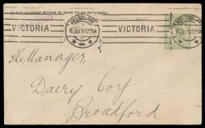 Stationery: ENVELOPES - STO: 1913 Kangaroo Â½d green BW #ES1 with Barrow Brothers imprint on the reverse & '20 POSTED' h/s in violet (as required for the Printed Matter concession), Melbourne machine cancel, light even soiling, Cat $500. [The ACSC records