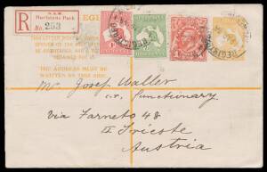 Stationery: REGISTRATION ENVELOPES: 1914 Kangaroo 4d orange BW #RE3 sent to Trieste, Austria with KGV 1d Engraved & Roos Â½d green & 1d red added, 'HURLSTONE PARK/28AP14/NSW' despatch b/s and scarce 'NSW/Hurlstone Park' red & black 'R' label on face but s