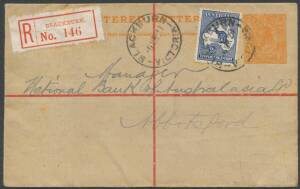 Stationery: REGISTRATION ENVELOPES: 1916 KGV 4d orange on buff NSW stock with orange 'REGISTERED LETTER' at top & red obliterating device on back BW #RE6 sent to Abbotsford uprated with Kangaroo 3rd Wmk 2Â½d tied 'BLACKBURN/-6MR20/VICTORIA' cds and red 'R